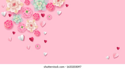 Beautiful tender pink background with flowers and paper hearts. Valentine's day, Women's day or Mother's day floral romantic composition for greeting banner. - Vector illustration