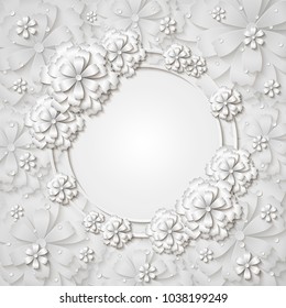Beautiful tender round frame with 3d white paper cut out flowers. Vector illustration