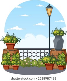 Beautiful terrace with plants and a lamp post