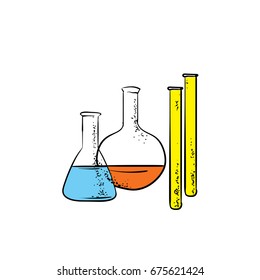 Beautiful test tubes and flasks for chemistry. Vector illustration. School or university, education.