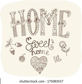 Beautiful text Home sweet home illustration with flowers, hand lettering