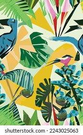Beautiful textile pattern with bird, flowers and leaves. Floral plant pattern for fabric. Vector background for your design.