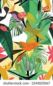 Beautiful textile pattern with bird, flowers and leaves. Floral plant pattern for fabric. Vector background for your design.