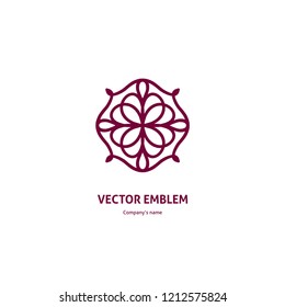 Beautiful texture circular logo for boutique, flower shop, business, interior. Company mark, emblem, element. Simple geometric mandala logotype. Kaleidoscope big bud. Surround abstract blossom.