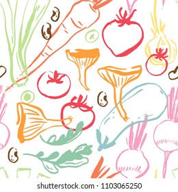 Beautiful texture with different Vegetables. Fresh veggies vector seamless pattern.