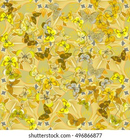 Beautiful texture with mandalas in warm colors. Vector. Butterfly.