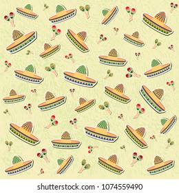 Beautiful textured background for the holiday cinco de mayo banner, logo, postcard, menu. Mexico,, musical instruments, maracas, hats, sombrero, guitar, chili, mustache,colorful. vector eps10. 