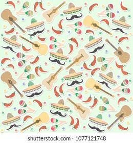 Beautiful textured background for the holiday cinco de mayo on May 5, for a banner, postcards, menu. Mexico, musical instruments, maracas, hats, sombrero, guitar, chili, mustache, colorful. vector