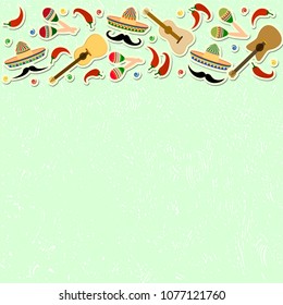 Beautiful textured background for the holiday cinco de mayo on May 5, for a banner, postcards, menu. Mexico, musical instruments, maracas, hats, sombrero, guitar, chili, mustache, colorful. vector