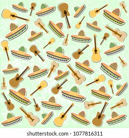 Beautiful textured background for the holiday cinco de mayo banner, logo, postcard, menu. Mexico,, musical instruments, maracas, hats, sombrero, guitar, chili, mustache, cactus, colorful vector eps10