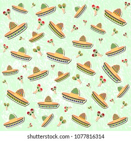 Beautiful textured background for the holiday cinco de mayo banner, logo, postcard, menu. Mexico,, musical instruments, maracas, hats, sombrero, guitar, chili, mustache, cactus, colorful vector eps10