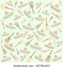 Beautiful textured background for the holiday cinco de mayo banner, logo, postcard, menu. Mexico,, musical instruments, maracas, hats, sombrero, guitar, chili, mustache, cactus, colorful vector eps10
