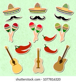 Beautiful textured background for the holiday cinco de mayo banner, logo, postcard, menu. Mexico,, musical instruments, maracas, hats, sombrero, guitar, chili, mustache, cactus, colorful vector eps10