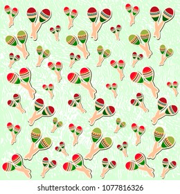 Beautiful textured background for the holiday cinco de mayo banner, logo, postcard, menu. Mexico,, musical instruments, maracas, hats, sombrero, guitar, chili, mustache, cactus, colorful vector eps10