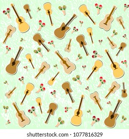 Beautiful textured background for the holiday cinco de mayo banner, logo, postcard, menu. Mexico,, musical instruments, maracas, hats, sombrero, guitar, chili, mustache, cactus, colorful vector eps10