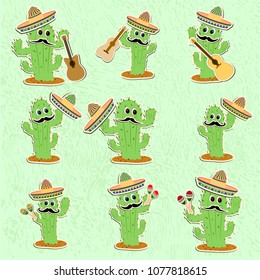 Beautiful textured background for the holiday cinco de mayo banner, logo, postcard, menu. Mexico,, musical instruments, maracas, hats, sombrero, guitar, chili, mustache, cactus, colorful. vector eps10