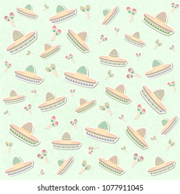 Beautiful textured background for the holiday cinco de mayo banner, logo, postcard, menu. Mexico,, musical instruments, maracas, hats, sombrero, guitar, chili, mustache, cactus, colorful. vector eps10