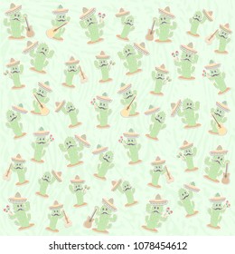 Beautiful textured background for the holiday cinco de mayo banner, logo, postcard, menu. Mexico,, musical instruments, maracas, hats, sombrero, guitar, chili, mustache, cactus, colorful. vector eps10