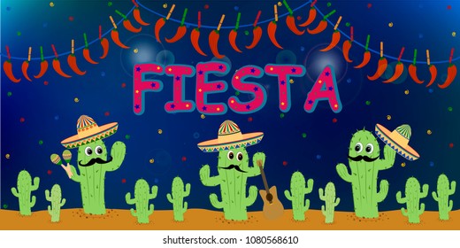 Beautiful textured background for the holiday cinco de mayo banner, logo, postcard, menu. Mexico, musical instruments, maracas, hats, sombrero, guitar, chili, mustache, cactus, colorful. vector eps10