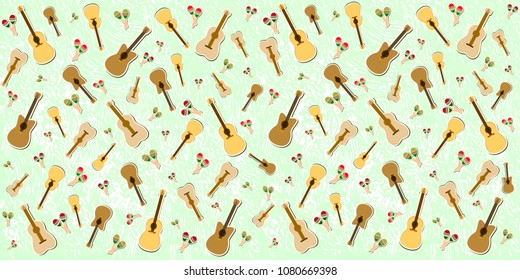 Beautiful textured background for the holiday cinco de mayo banner, logo, postcard, menu. Mexico, musical instruments, maracas, hats, sombrero, guitar, chili, mustache, cactus, colorful. vector eps10