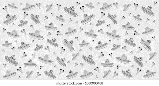 Beautiful textured background for the holiday cinco de mayo banner, logo, postcard, menu. Mexico, musical instruments, maracas, hats, sombrero, guitar, chili, mustache, cactus, black white vector