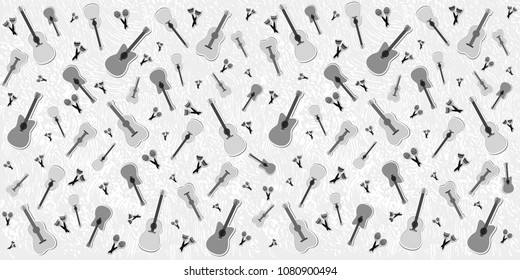 Beautiful textured background for the holiday cinco de mayo banner, logo, postcard, menu. Mexico, musical instruments, maracas, hats, sombrero, guitar, chili, mustache, cactus, black white vector