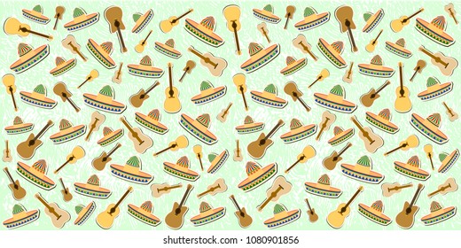 Beautiful textured background for the holiday cinco de mayo banner, logo, postcard, menu. Mexico, musical instruments, maracas, hats, sombrero, guitar, chili, mustache, cactus, colorful. vector eps10