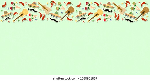Beautiful textured background for the holiday cinco de mayo banner, logo, postcard, menu. Mexico, musical instruments, maracas, hats, sombrero, guitar, chili, mustache, cactus, colorful. vector eps10