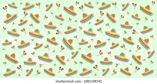 Beautiful textured background for the holiday cinco de mayo banner, logo, postcard, menu. Mexico, musical instruments, maracas, hats, sombrero, guitar, chili, mustache, cactus, colorful. vector eps10.