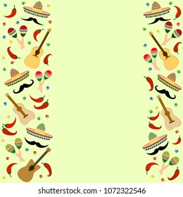Beautiful textured background for holiday Independence Day May 5 for banner, logo, postcard, menu. Mexico, cinco de mayo, musical instruments, maracas, hat, sombrero, guitar, chili, mustache, vector