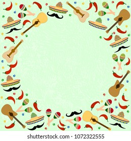 Beautiful textured background for holiday Independence Day May 5 for banner, logo, postcard, menu. Mexico, cinco de mayo, musical instruments, maracas, hat, sombrero, guitar, chili, mustache, vector