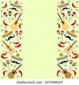 Beautiful textured background for holiday Independence Day May 5 for banner, logo, postcard, menu. Mexico, cinco de mayo, musical instruments, maracas, hat, colorful. vector eps10. Place for your text