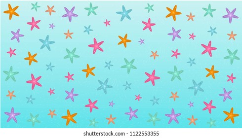 beautiful textured background with starfish, for postcard poster, beach party, banner, decor, print. Vector.