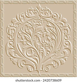Beautiful textured floral emboss 3d mandala seamless pattern with surface ornamental frame. Embossed modern relief beige vector background. Ornate vintage flowers Arabesque ornaments. Endless texture.