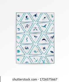 Beautiful textured framed illustrations of ocean and sea animals. Set of ocean animals drawn with usage of watercolor paint.
