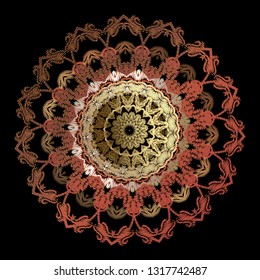 Beautiful textured tapestry round Baroque mandala pattern. Vector ornamental grunge background. Vintage embroidery Baroque ornament with textured flowers, leaves, shapes, lines. Embroidered design