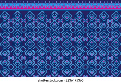 Beautiful Thai seamless pattern, modern geometric pattern. Aztec style on blue background, embroidery, abstract, texture design, fabric, clothing, wrapping, rug, print.
