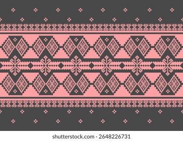 Beautiful Thai textile pattern in pink on dark gray, featuring geometric diamonds and floral motifs. Perfect for ethnic fabrics, prints, and cultural-inspired creative designs.