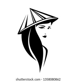 beautiful thai woman with long black hair wearing traditional asian conical hat vector portrait