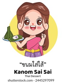 Schöne Thai Frau trägt Thai Traditionelles Kleid präsentiert Kanom Thai Dessert mit Kanom Sai Sai. Chibi Cartoon Doodle Vektorgrafik Design.