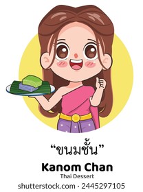 Schöne Thai Frau trägt Thai Traditionelles Kleid präsentiert Kanom Thai Dessert mit Kanom Chan. Chibi Cartoon Doodle Vektorgrafik Design.