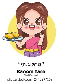 Schöne Thai Frau trägt Thai Traditionelles Kleid präsentiert Kanom Thai Dessert mit Kanom Tarn. Chibi Cartoon Doodle Vektorgrafik Design.