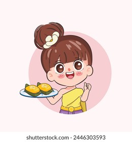 Beautiful Thai woman wearing Thai Traditional dress presenting Kanom Thai dessert with Kanom Tarn. Chibi cartoon doodle vector design.