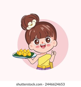 Beautiful Thai woman wearing Thai Traditional dress presenting Kanom Thai dessert with Egg yolks and sugar Thong Yod . Chibi cartoon doodle vector design.