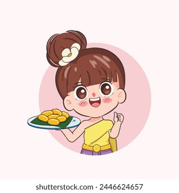 Beautiful Thai woman wearing Thai Traditional dress presenting Kanom Thai dessert with Egg yolks and sugar Med Kanoon. Chibi cartoon doodle vector design.