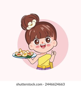 Beautiful Thai woman wearing Thai Traditional dress presenting Kanom Thai dessert with Kanom Buang or Thai Crispy Pancakes. Chibi cartoon doodle vector design.