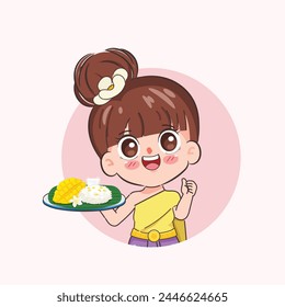 Beautiful Thai woman wearing Thai Traditional dress presenting Kanom Thai dessert Mango and sticky rice with coconut milk and mango. Khao niao mamuang. Chibi cartoon doodle vector design.