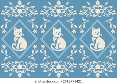 Beautiful Thailand,cat pattern,floral,thai pattern,seamless,Traditional,ethnic,fabric pattern for textiles,rugs, wallpaper,clothing, sarong,batik,print,background,illustration,vector