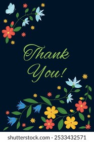 Beautiful thank you card, bright flat flowers and butterflies, symbols of spring and good mood