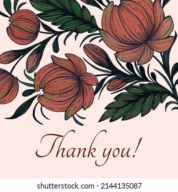 Beautiful thank you card with composition of hand drawn ukrainian flowers and golden frame.